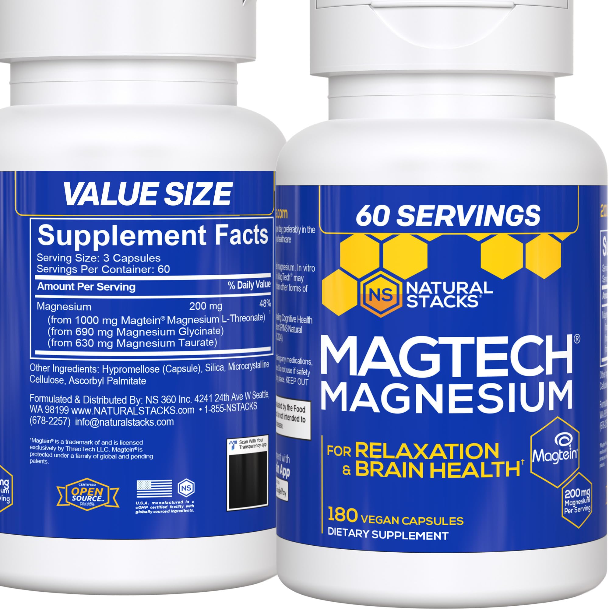 MagTech Magnesium Complex Glycinate, L-Threonate and Taurate, 90 Capsules | Advanced 3 in 1 200mg Chelated Triple Blend w/ Magtein - Supports Relaxation & Brain Health for Women & Men - Natural Stacks