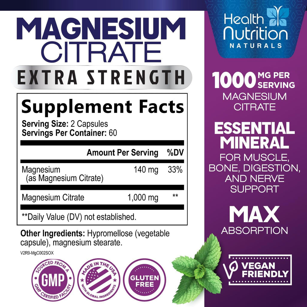 Magnesium Citrate 1000mg Per Serving - Max Absorption Magnesium Powder Capsules for Muscle, Nerve and Heart Health Support, High Absorption Citrate Complex, Gluten Free, Non-GMO - 120 Capsules