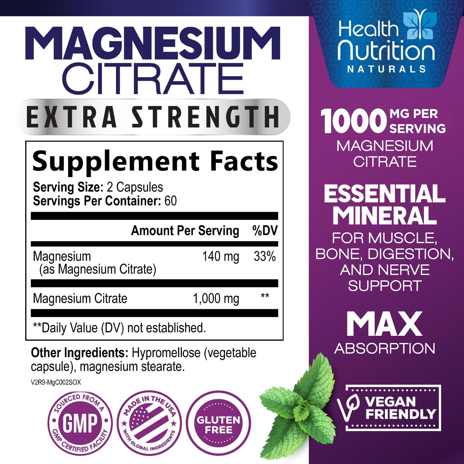 Magnesium Citrate 1000mg Per Serving - Max Absorption Magnesium Powder Capsules for Muscle, Nerve and Heart Health Support, High Absorption Citrate Complex, Gluten Free, Non-GMO - 120 Capsules