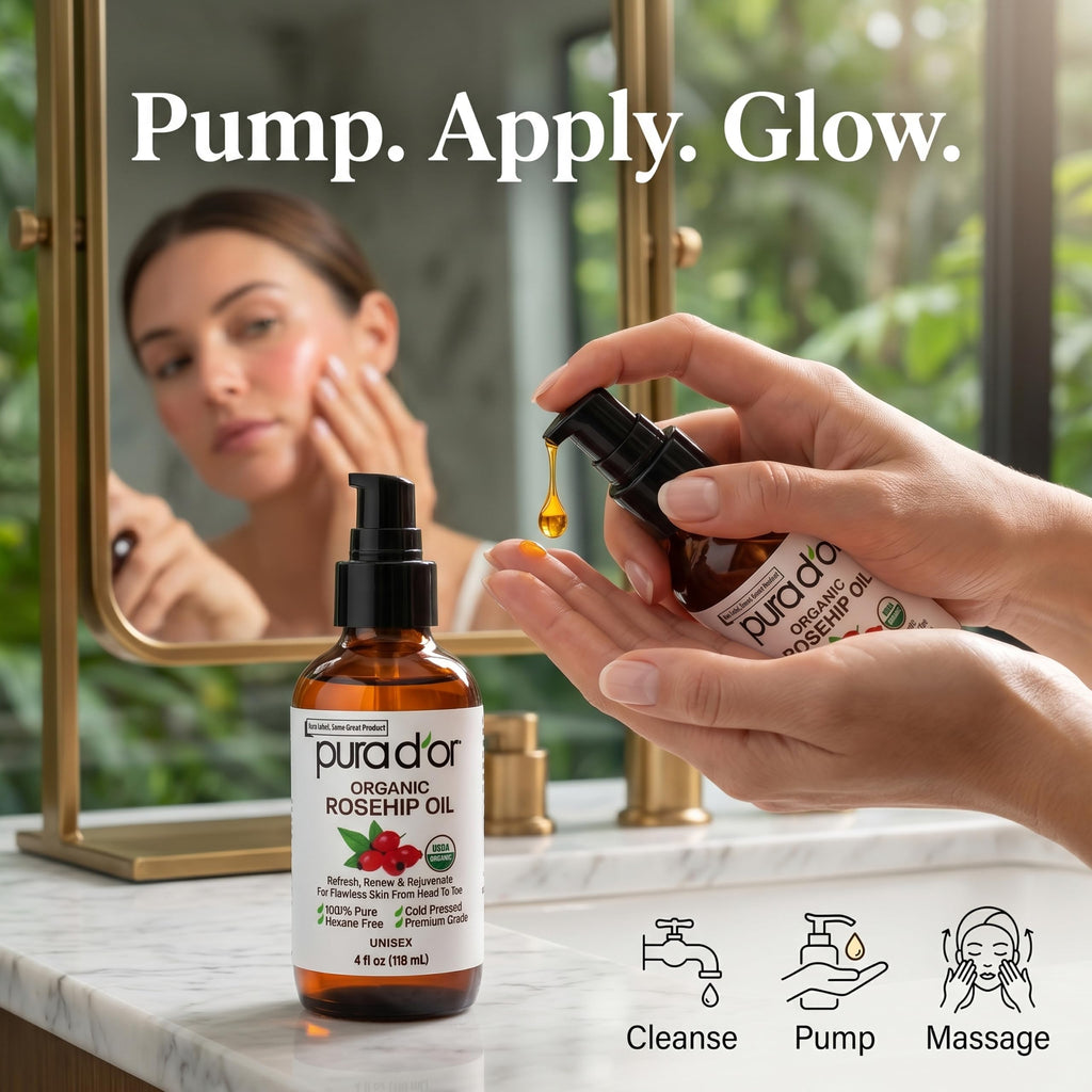 PURA D'OR ORGANIC Rosehip Seed Oil Pure Cold-Pressed for Face, 4oz