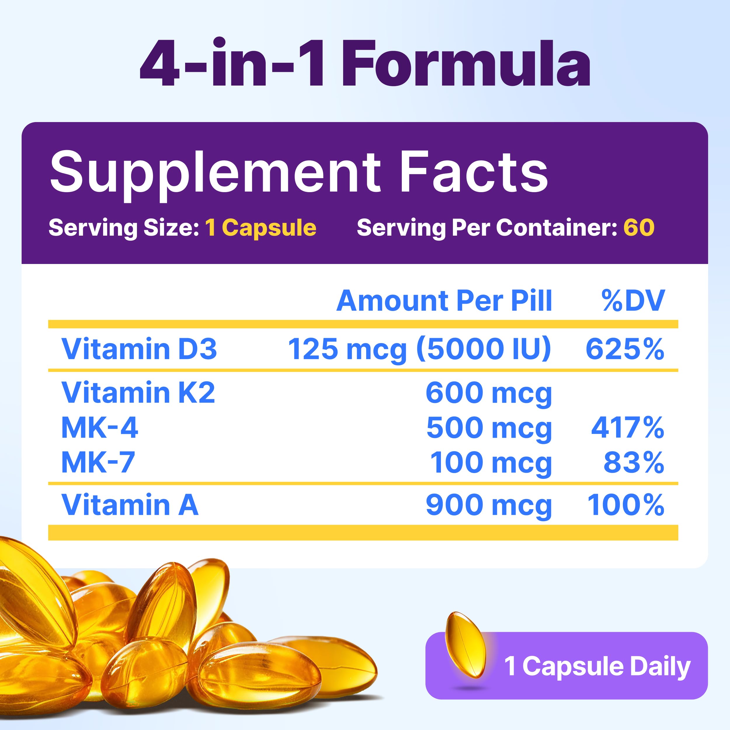 InnovixLabs D3 K2 Vitamin 5000 IU Supplement with Vitamin A (60 Softgels) (Pack of 2)