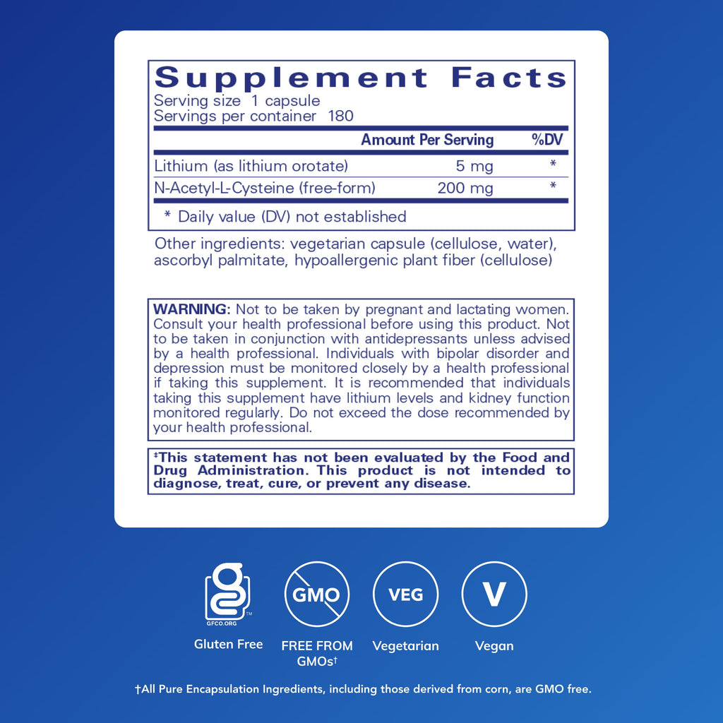 Pure Encapsulations Lithium (Orotate) 5 mg, 180 Capsules | Brain Support Supplement, with N-Acetyl-L-Cysteine (NAC) for Memory and Brain Behavior*, Gluten-Free and Non-GMO