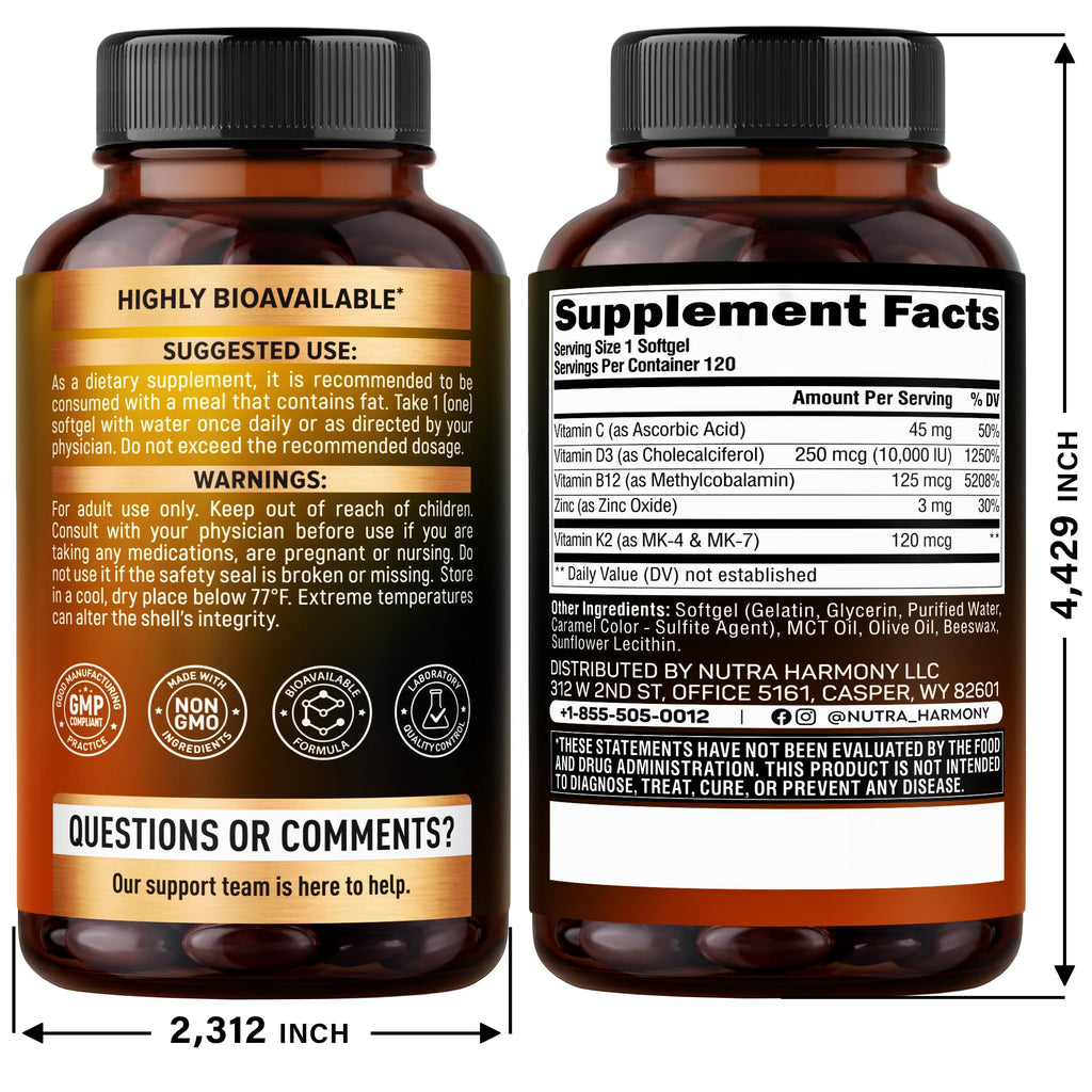 Vitamin D3 K2 - D3 10000iu & K2 120mcg - Highly Bioavailable - 120Softgels | Vitamin D3K2 + Zinc, Vitamin C & B12 - Immune & Mood Support, for Bone & Teeth Health For Men & Women - 120-Day Supply