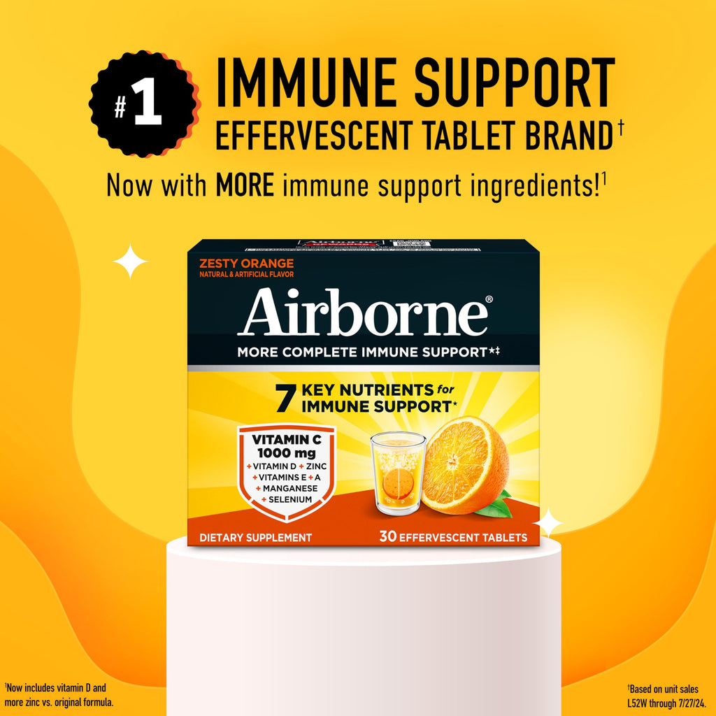 Airborne Immune Support Effervescent Tablets, Zesty Orange Flavor - 30ct with 1000mg Vitamin C + Vitamins A, D, E, Zinc, Selenium, Manganese & Herbal Blend - Sugar‑Free, Gluten‑Free