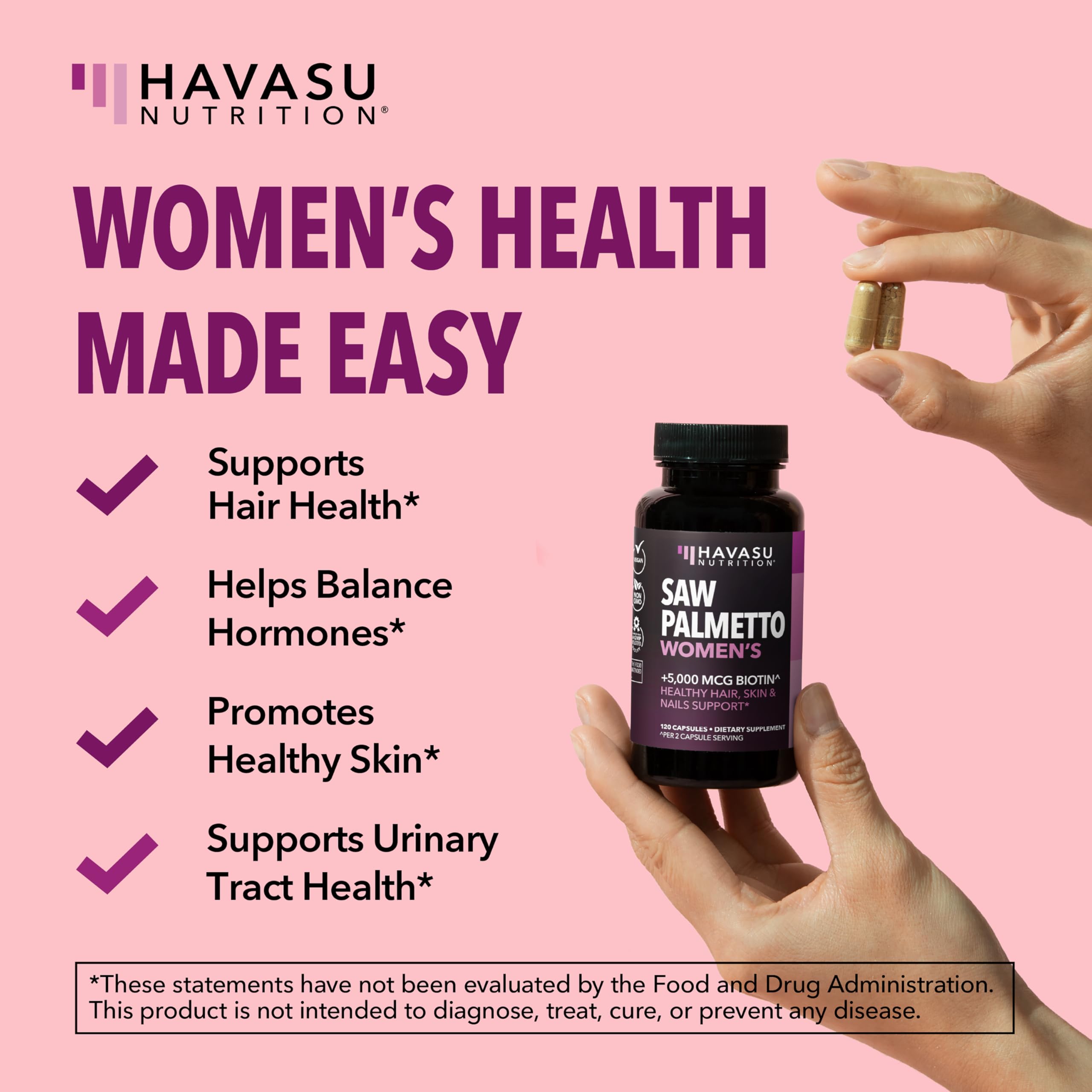 Saw Palmetto for Women with Bitoin 5000mcg Per Serving, 60-Day Supply | Vegan, Non-GMO DHT Blocker for Women for Hair, Skin and Nails, Saw Palmetto Extract with Biotin for Thicker Looking Hair