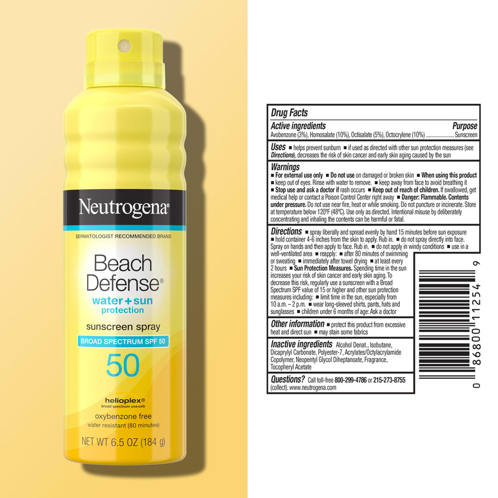 Neutrogena Beach Defense Sunscreen Spray, SPF 50, 6.5 oz | Face & Body, Broad Spectrum for UVA/UVB Protection, Lightweight Sunscreen, Water-Resistant up to 80 Minutes, Beach-Strength