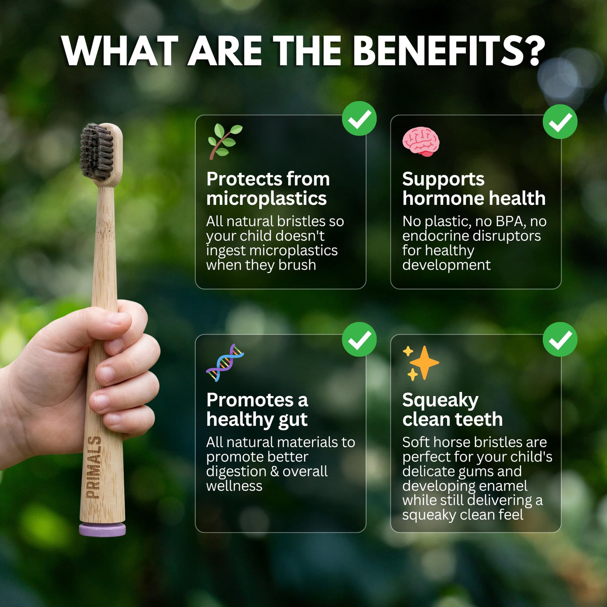 PRIMALS Kids Horse Bristle & Bamboo Toothbrush (4-Pack) - Soft & Healthy Horse Bristles - Zero Microplastics - Fully Biodegradable - Quick Dry Design