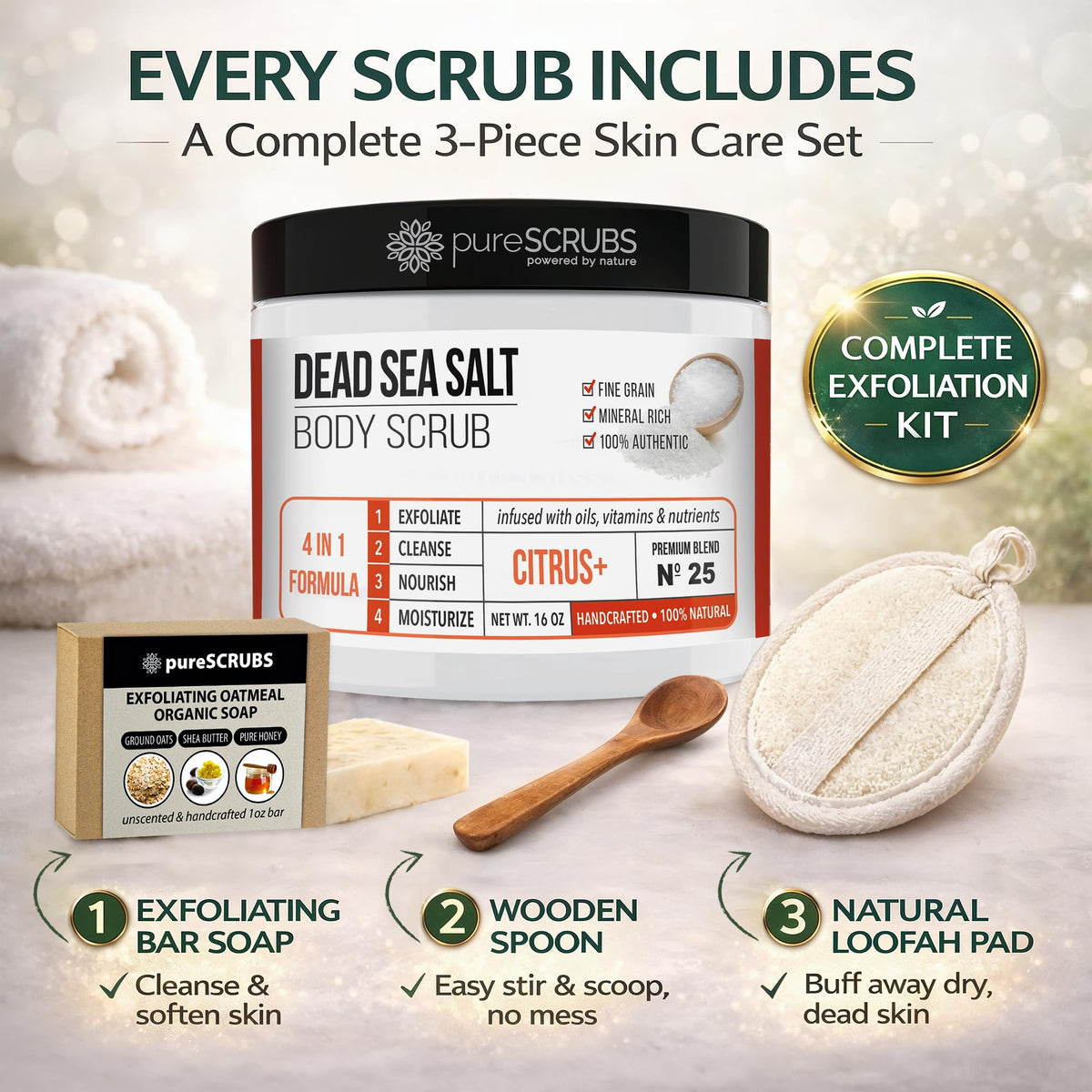 PureSCRUBS Premium Coconut Body Scrub kit includes scrub, bar soap, wooden spoon, and loofah pad for complete skincare.
