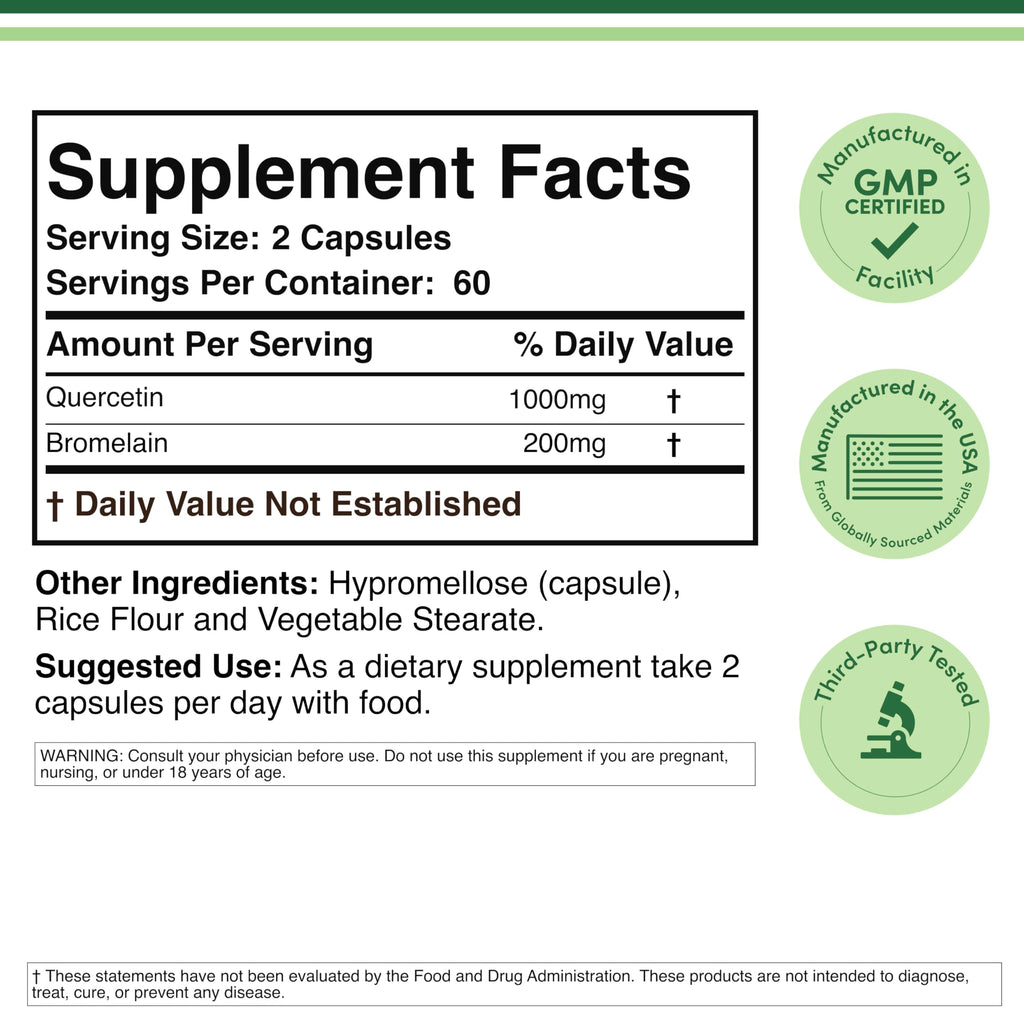 Quercetin with Bromelain 1,000mg, Immune Support for Men + Women, 120 Count | Immune + Seasonal Histamine Supplement, Bromelain for Absorption, 96% Purified Antioxidant Flavonoid, Third-Party Tested