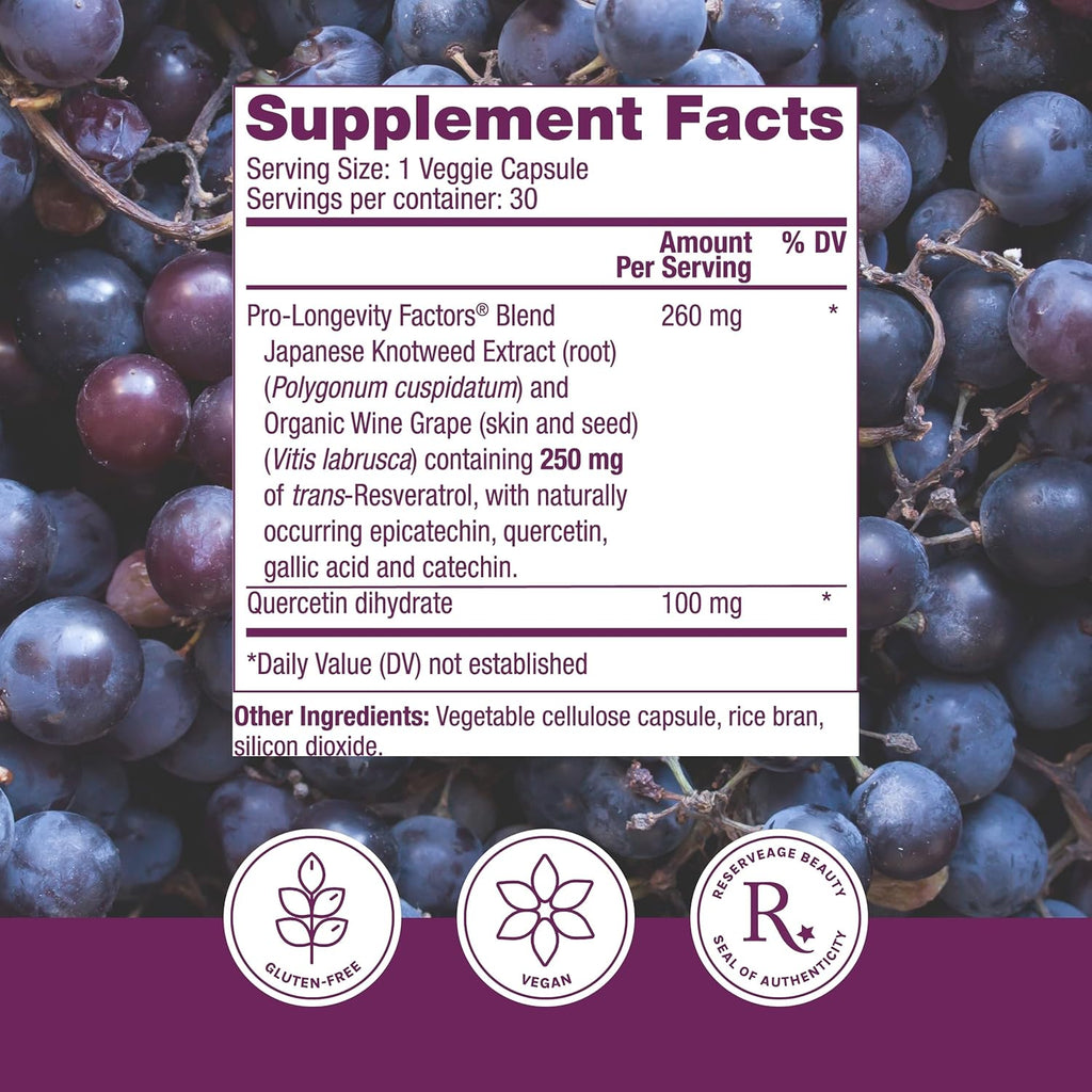 Buy now Reserveage Beauty, Resveratrol 250 mg, Antioxidant Supplement for Heart and Cellular Health, Supports Healthy Aging and Immune System, Paleo, Keto, 30 Capsules at indiglob india