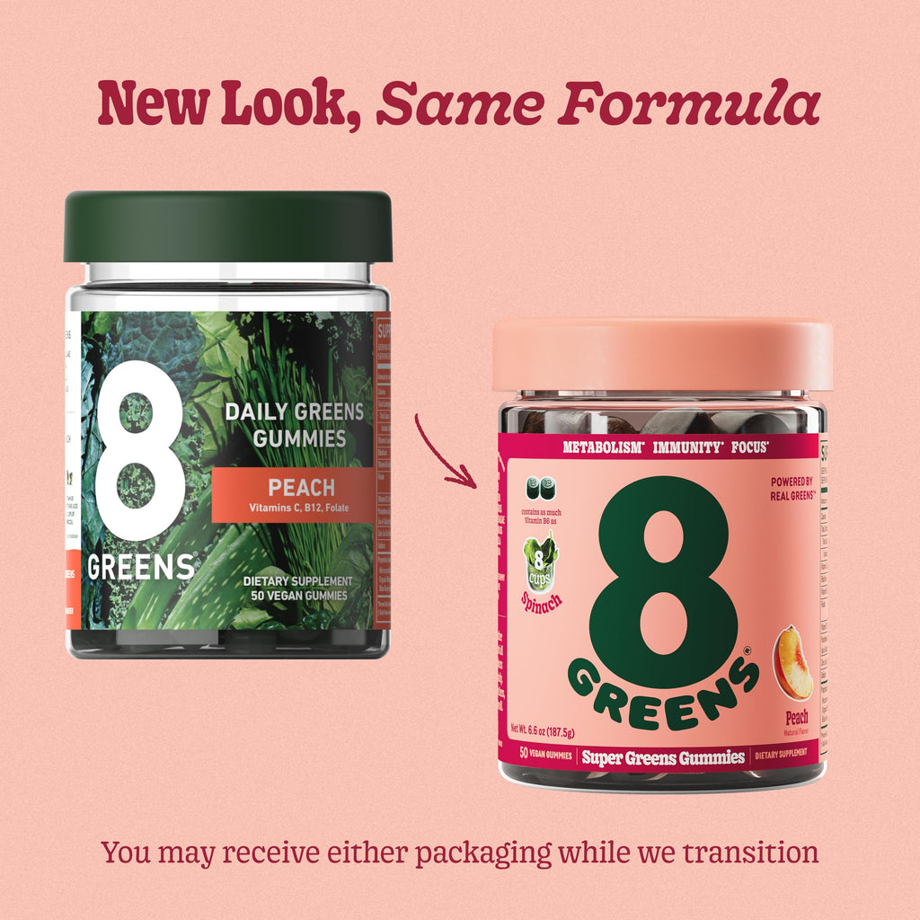 8Greens Daily Greens Gummies, Peach, 100 Count | Spinach, Wheatgrass, Blue Green Algae, Spirulina, Aloe Vera, Chlorella, and Barley Grass; For Metabolism, Immunity & Focus