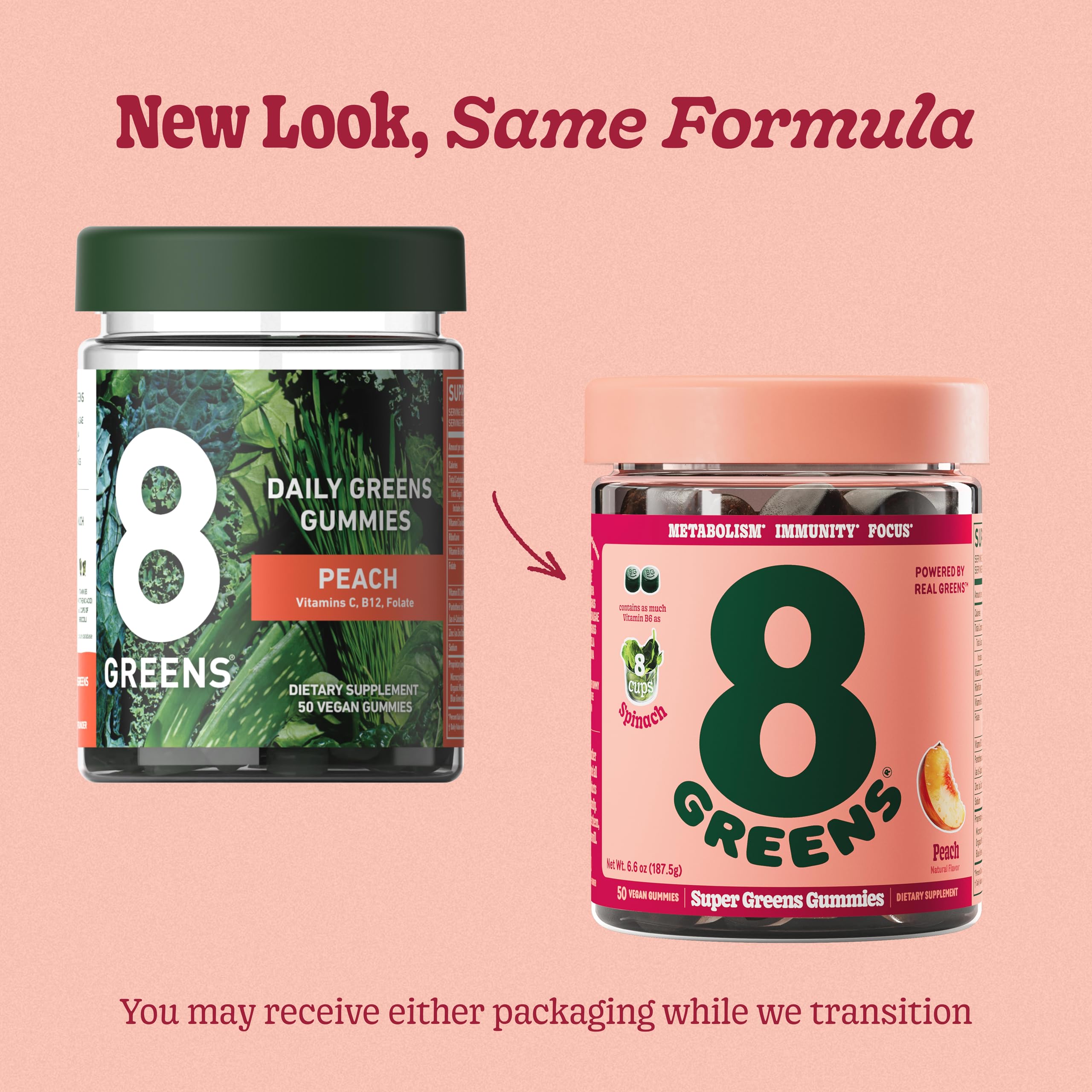 8Greens Daily Greens Gummies, Peach, 100 Count | Spinach, Wheatgrass, Blue Green Algae, Spirulina, Aloe Vera, Chlorella, and Barley Grass; For Metabolism, Immunity & Focus