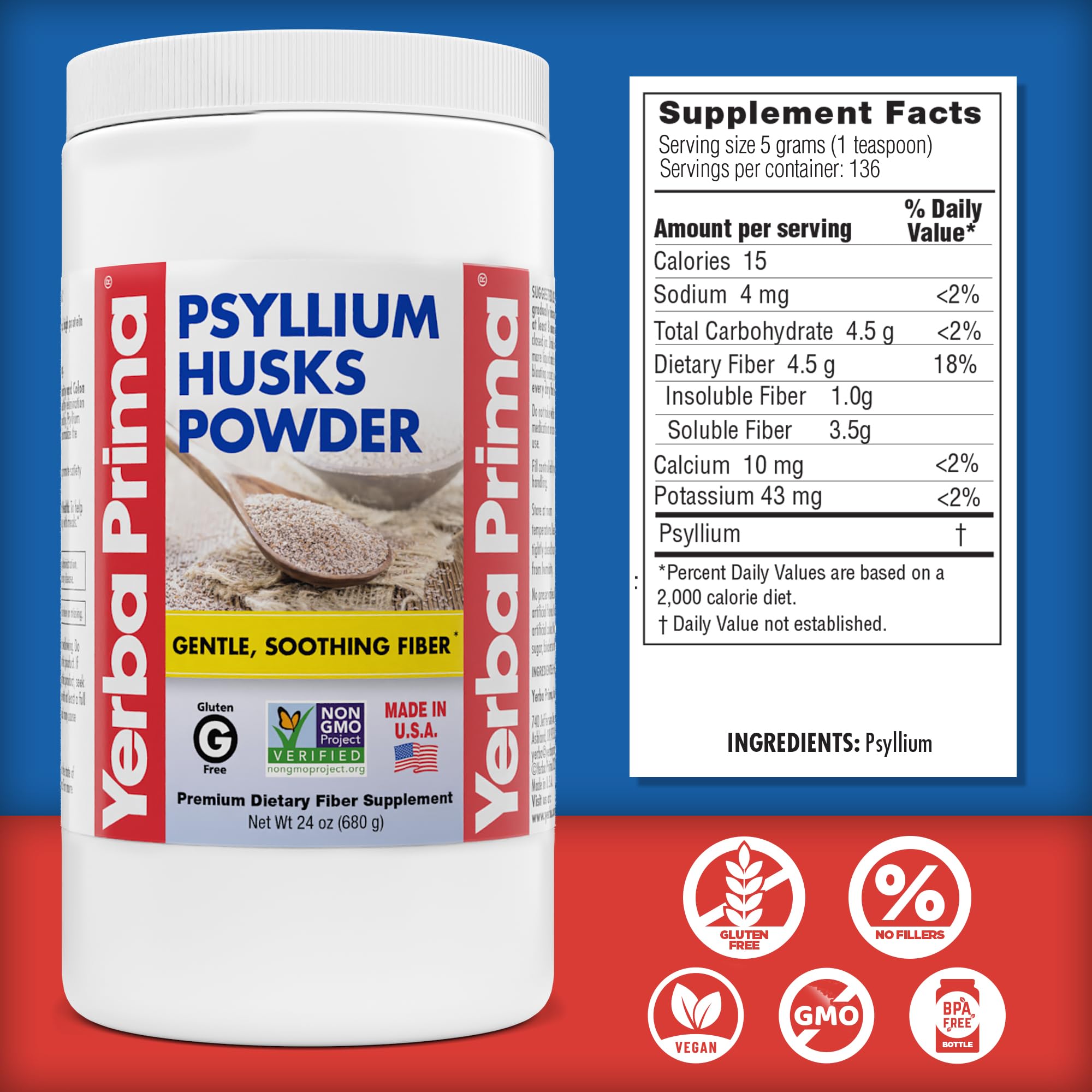Yerba Prima Psyllium Husks Powder - 24 oz (Pack of 2) - Unflavored - Fine Ground - Natural Fiber Supplement with Soluble & Insoluble Fiber