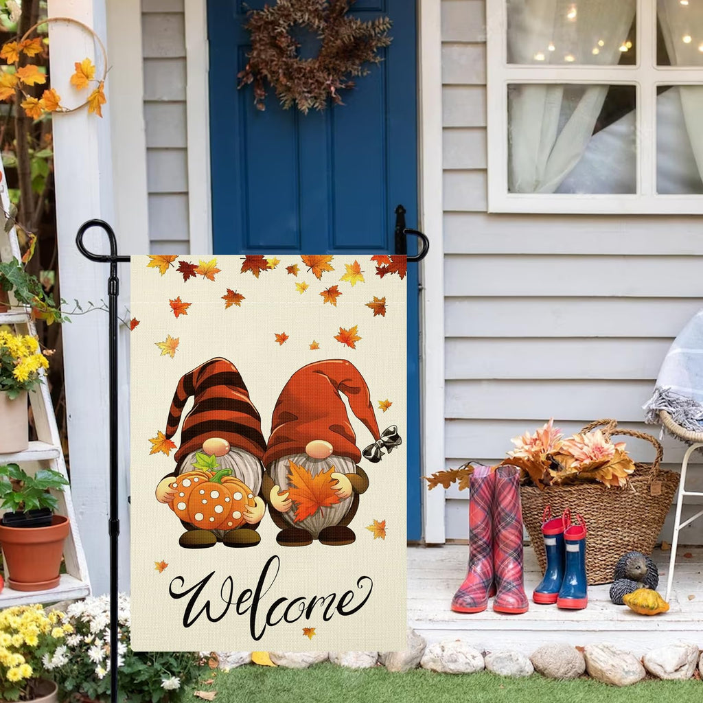 Fall Garden Flag Double Sided, Welcome Gnomes Fall Flag Yard Flag for Seasonal Outdoor Decoration 12x18 Inch