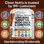 Clean Nutraceuticals Lions Mane 20in1 Mushroom Supplement with Turkey Tail Reishi Cordyceps Chaga Maitake Meshima Poria Cocos Shiitake Oyster Porcini Enoki - 1 Pack