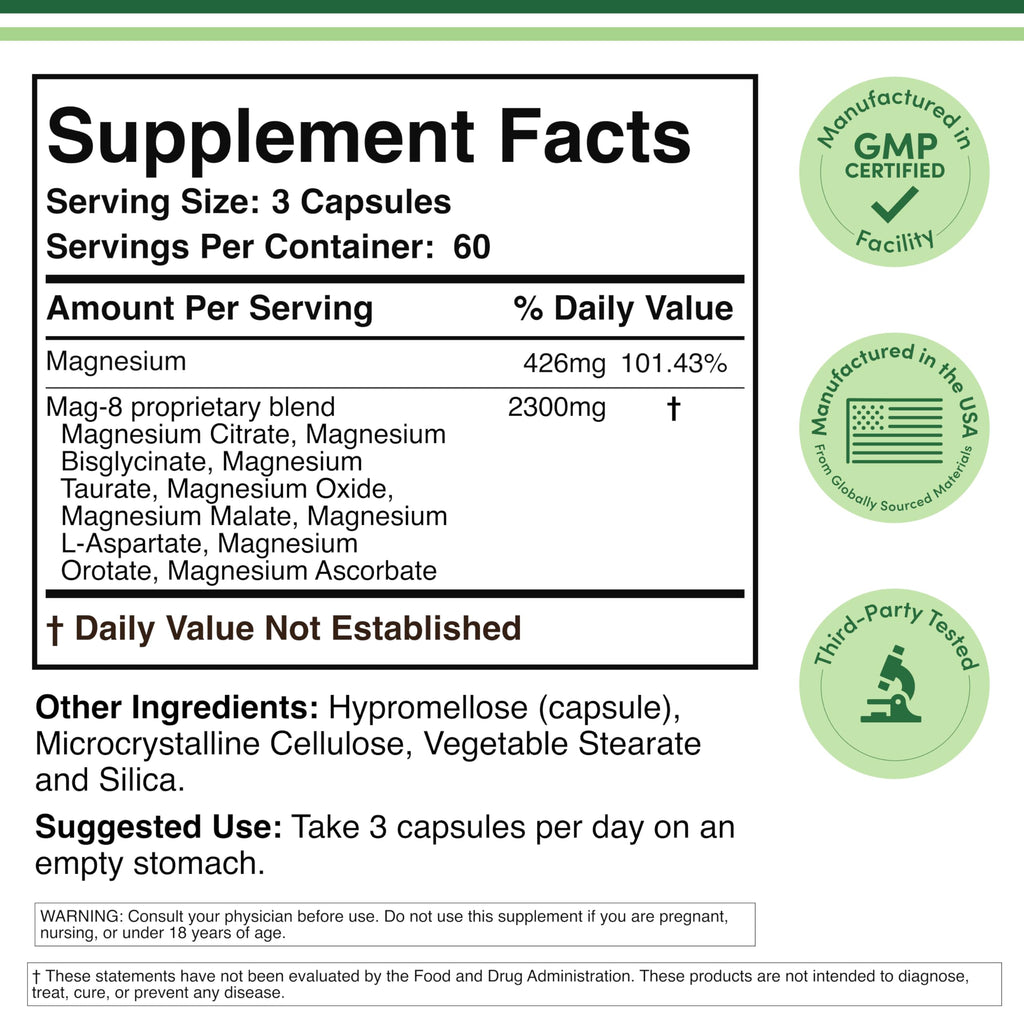 Magnesium Complex, 8 Forms, 426mg, Sleep, Muscle + Calm, 60 Servings | Sleep, Muscle + Calm Supplement, 8 Chelated Forms incl Bisglycinate + Taurate, True 100% DV, Take 3 Caps PM, Vegetarian