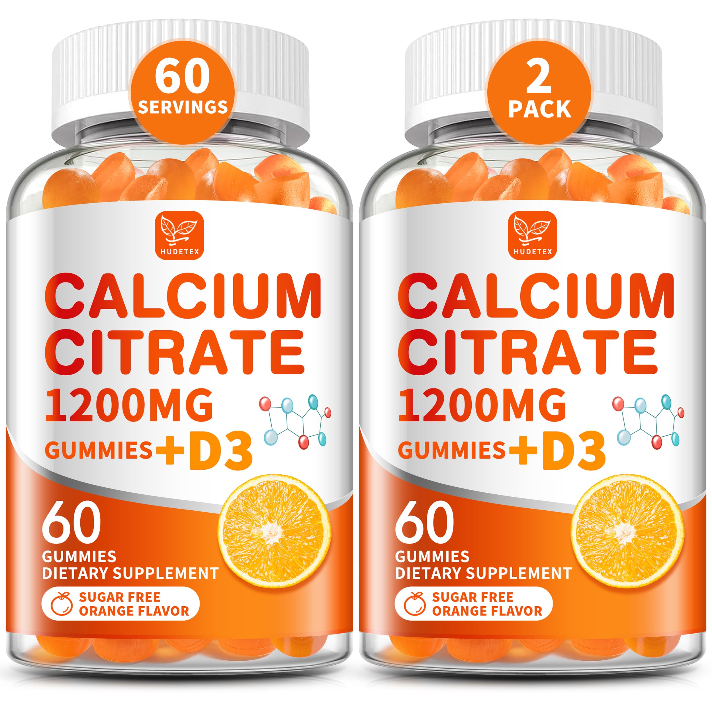 (2 Pack) Calcium Citrate 1200 mg with Vitamin D3 Gummies for Women & Men,Calcium Supplements for Bone & Teeth Support,High Absorption - Easy to Digest, Sugar Free,Vegan,Orange Flavor,60 Day Supply