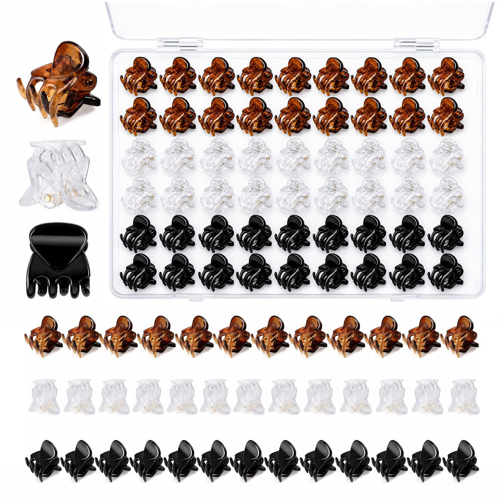 54Pcs Mini Hair Clips for Women, 0.6 in / 1.5 cm Small Claw Clips Without Snagging, Strong Grip Tiny Plastic Hair Clips for Styling Buns, Half-Up Looks, Bangs(Black,Clear,Brown)