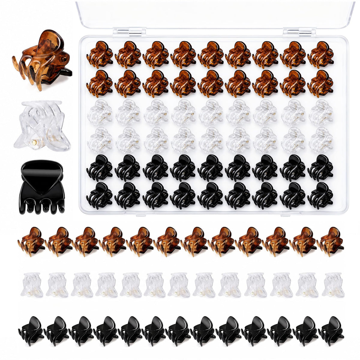 54Pcs Mini Hair Clips for Women, 0.6 in / 1.5 cm Small Claw Clips Without Snagging, Strong Grip Tiny Plastic Hair Clips for Styling Buns, Half-Up Looks, Bangs(Black,Clear,Brown)