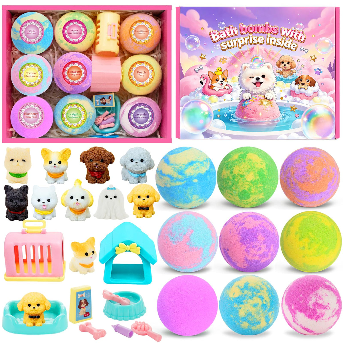 Bath Bombs for Kids with Toys Inside for Girls Boys, 9 Pack Kids Bath Bombs with Surprise Inside, Dog Pretend Playset , Birthday Christmas & Easter Basket Stuffers Gift Set with Bath Toys