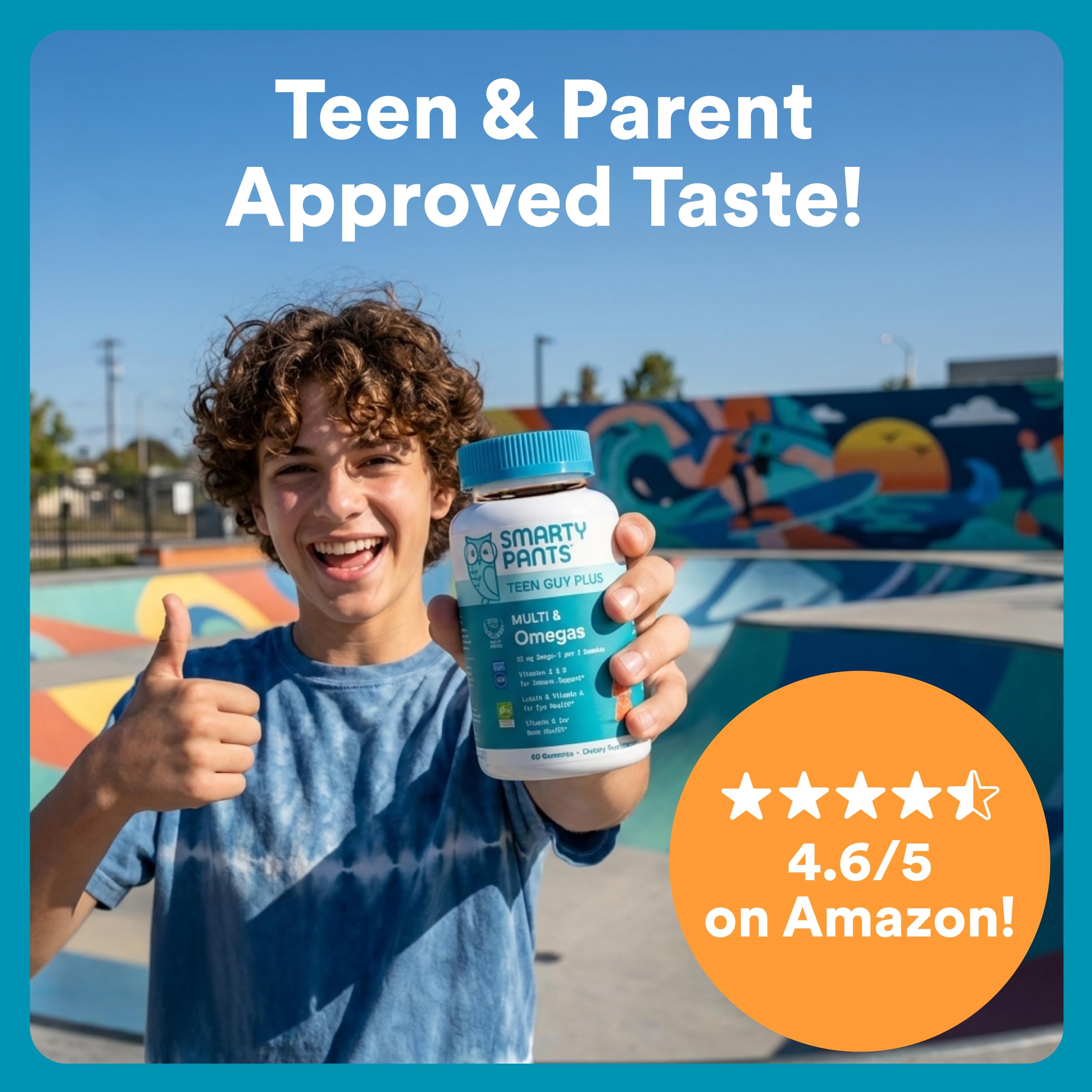 SmartyPants Teen Guy Plus Multi & Omegas Multivitamin Gummies with Omega 3 DHA/EPA, Vitamins D3, C, B12, B6, A, K, Zinc, Folate, Gluten Free, Clean Label, Pineapple Orange, 60 Gummies (30 Day Supply)