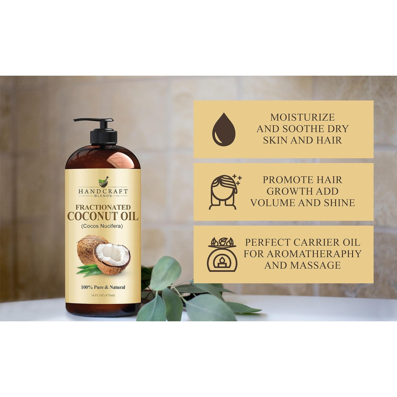 Handcraft Blends Fractionated Coconut Oil - 16 Fl Oz - 100% Pure and Natural - Premium Grade Carrier Oil for Skin, Hair and Body - Massage - Hair Tonic