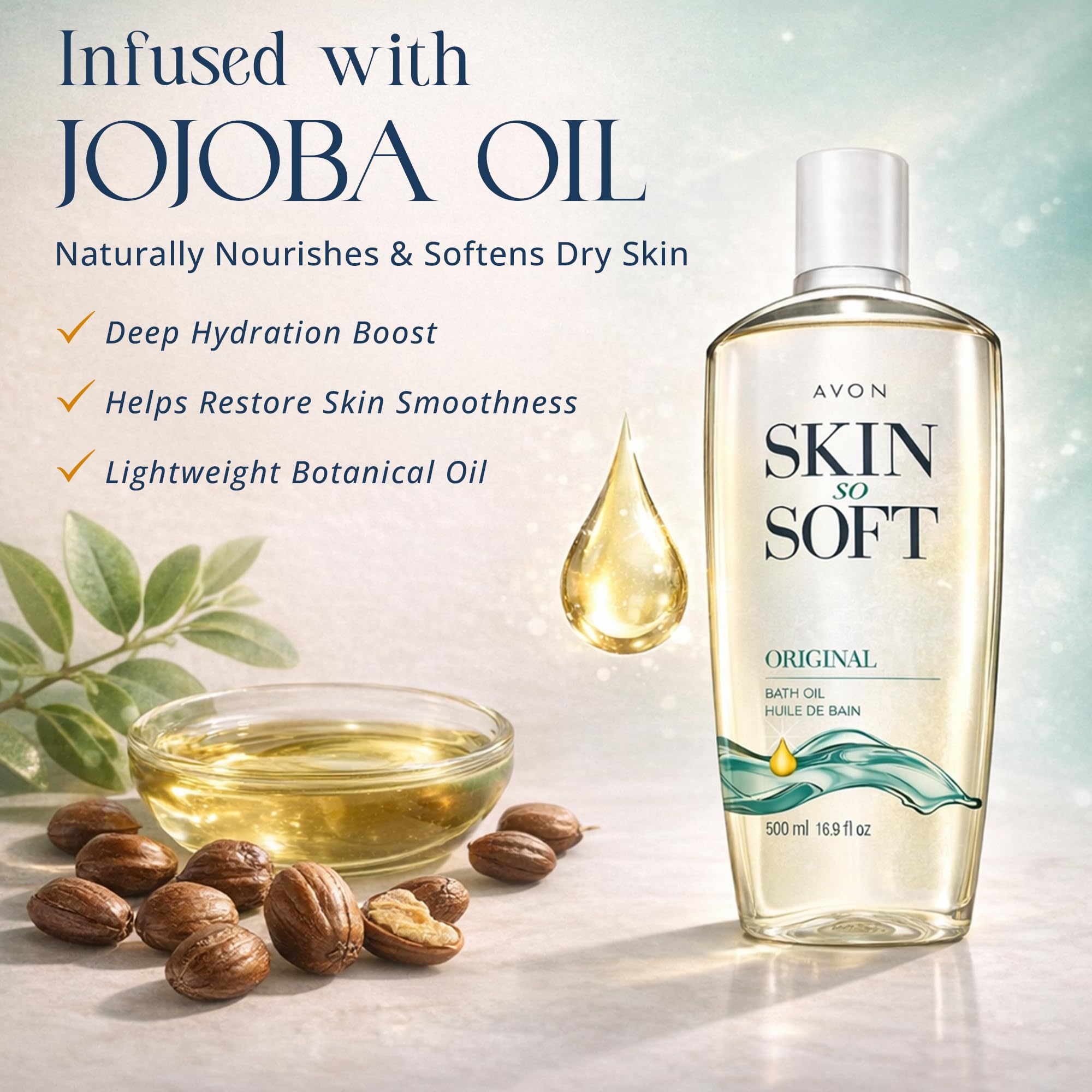 Avon Skin So Soft Original Bath Oil - 16.9 oz - Moisturizing Body Oil | Moisturizing Body Oil with Jojoba Oil, Dry Skin, Hydrating Shower Oil Perfect as an After-Shower Skin Softener for All Adults