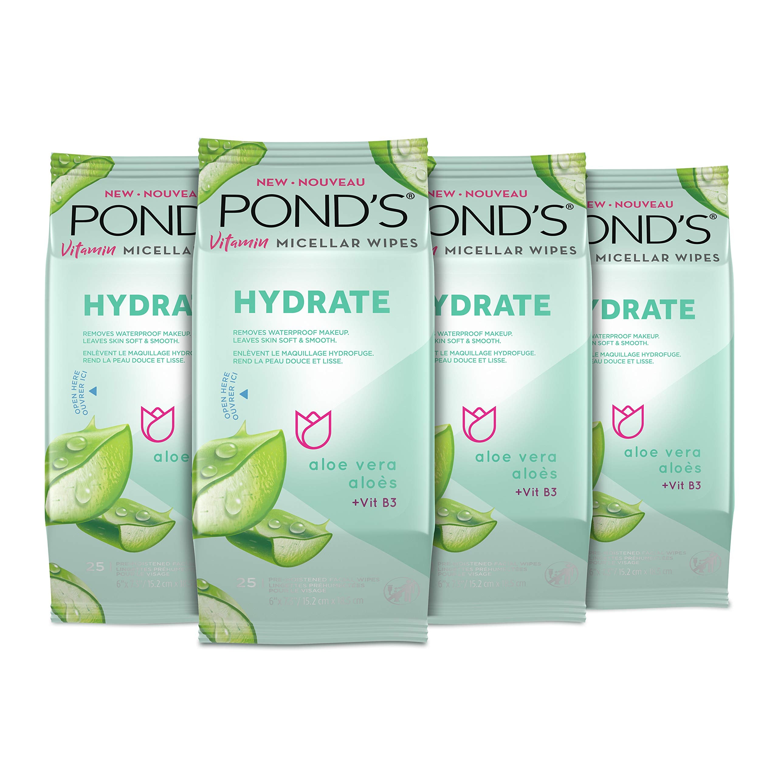 POND’S Micellar Makeup Remover Wipes, Removes Waterproof Mascara, with Aloe Vera & Vitamin B3, Alcohol-Free Facial Cleansing Wipes for Dry Skin, 25 Count