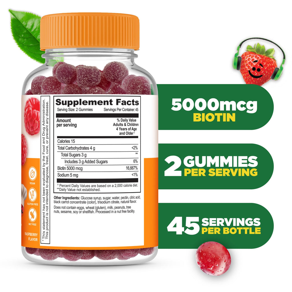 Lifeable Kids Biotin Gummies | 5,000mcg | Great Tasting Natural Flavor Biotin Supplement | Vegan Hair Gummies | for Hair Skin and Nails | 90 Gummies