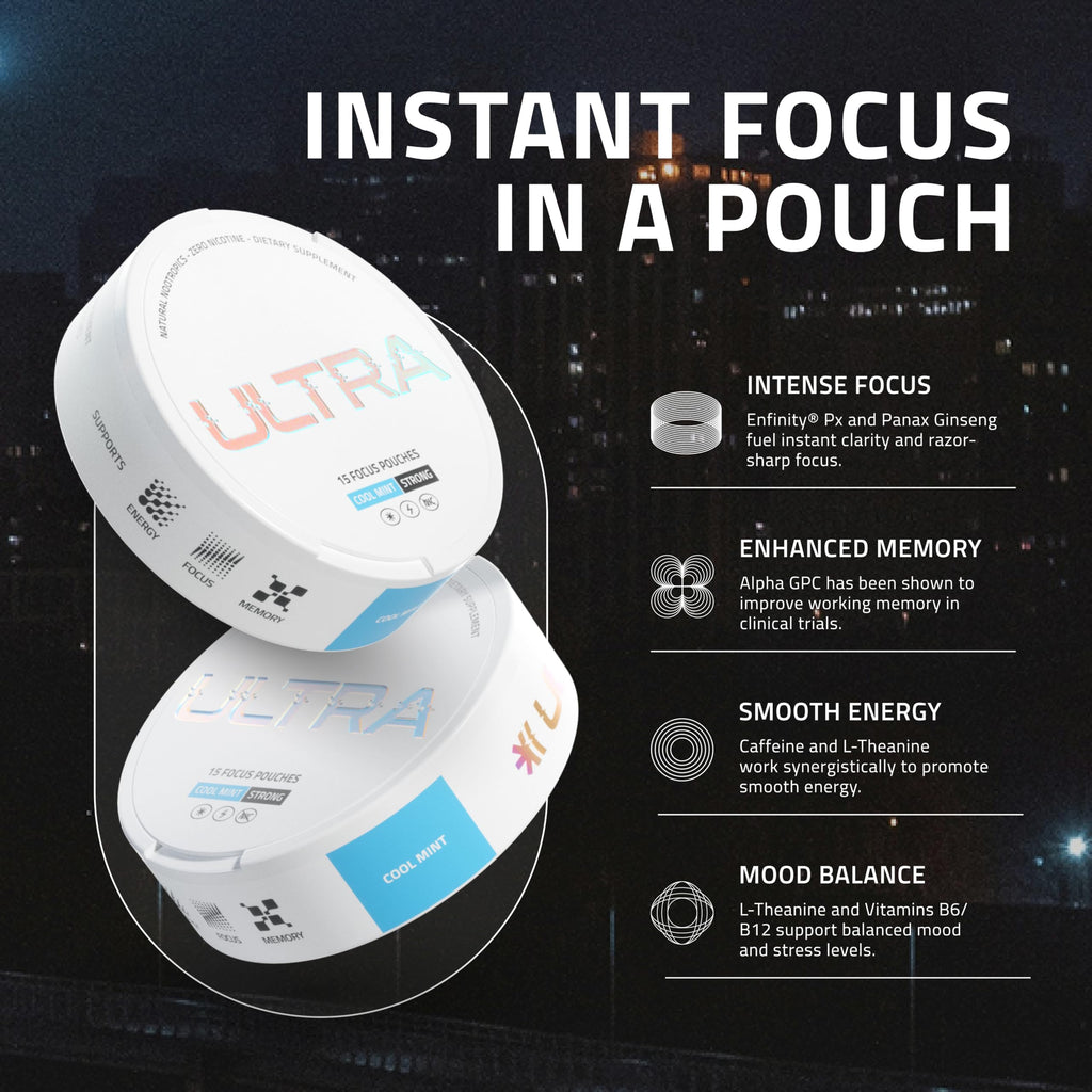 Ultra Focus Pouches (Variety Pack, 3 Cans) Nicotine and Caffeine Free | Nootropic, Enfinity Paraxanthine, Vitamin B6 + B12, L-Theanine, Alpha-GPC, Ginseng, Plant-Based Energy Pouches