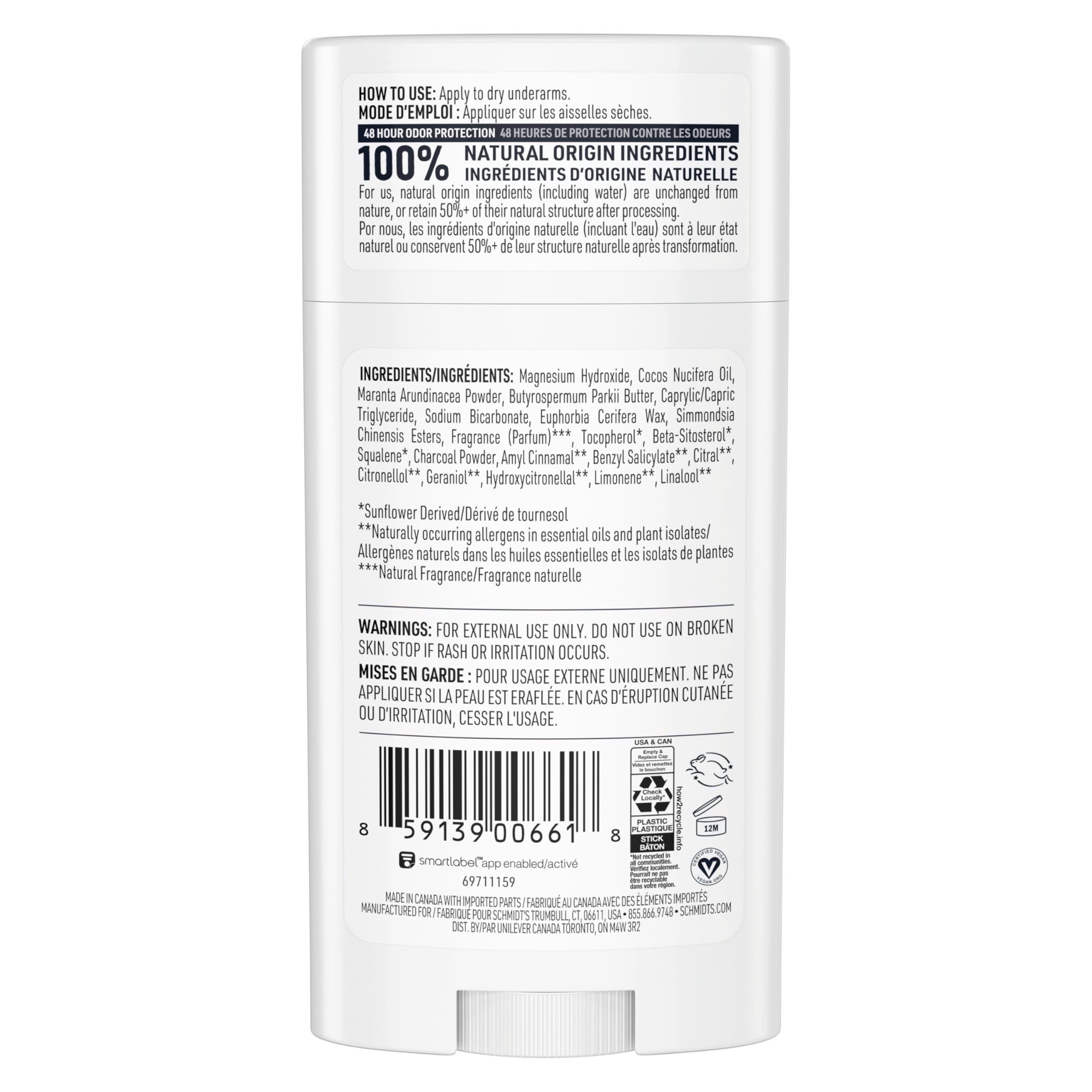 Schmidt's Aluminum-Free Vegan Deodorant Charcoal & Magnesium with 2.65 oz