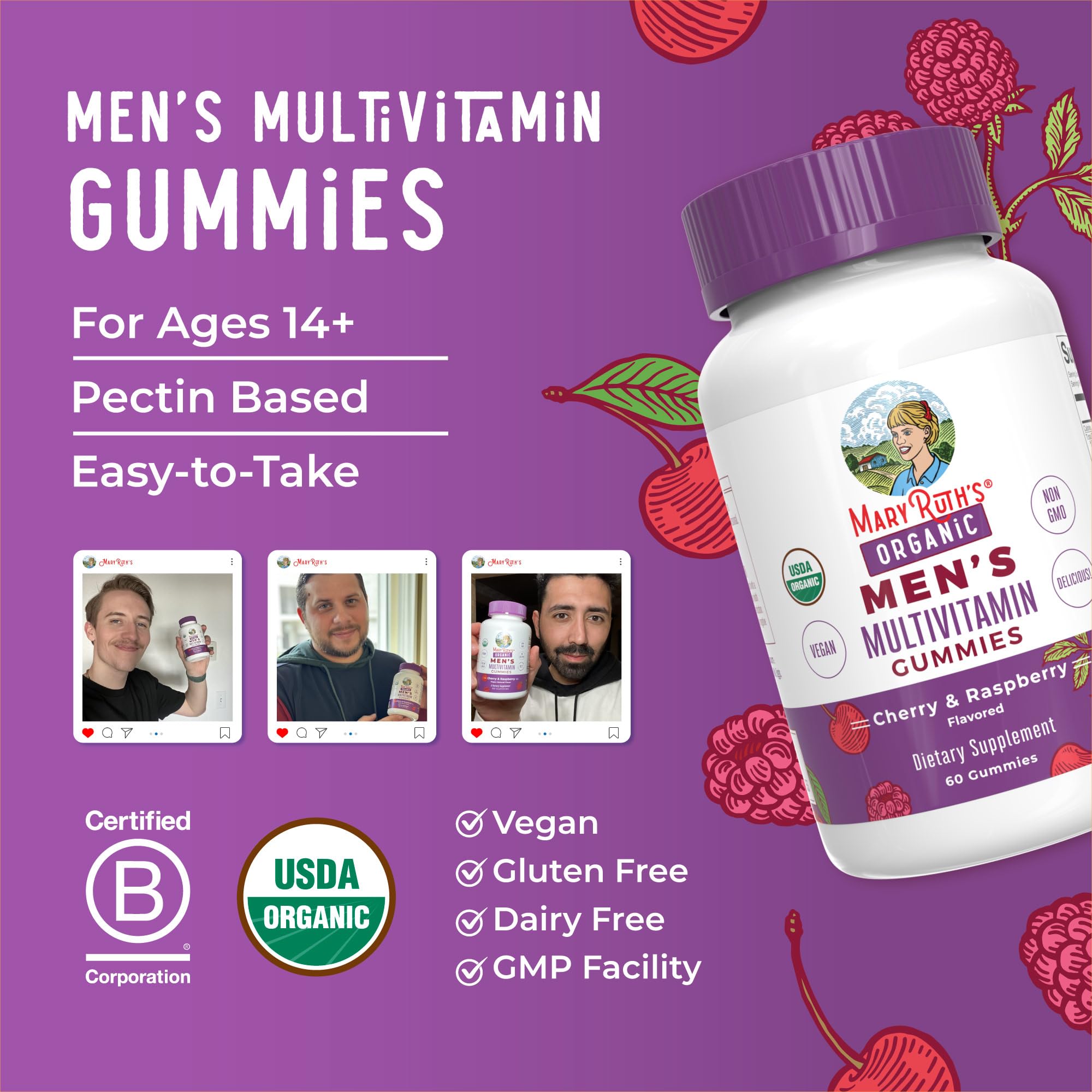 MARYRUTH'S Organic Men's Multivitamin Gummies, Vegan, Non-GMO, 60 Count | USDA, Vegan, Daily Multivitamins for Immune Support, Non-GMO, Gluten Free, 60 Count