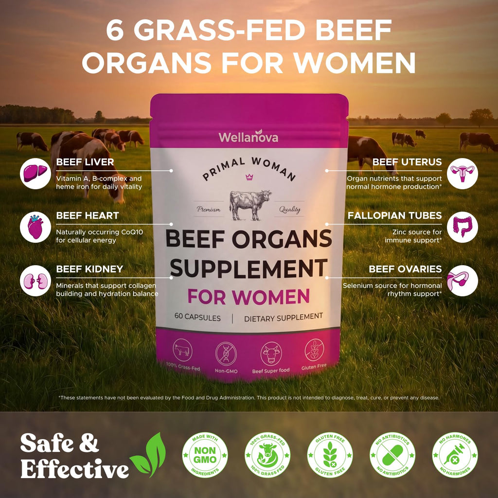 Primal Beef Organ Supplement for Women, Grass-Fed Ancestral Superfood | Supplement With Uterus & Liver, For Hormone Balance & Queen Energy, 60 Capsules