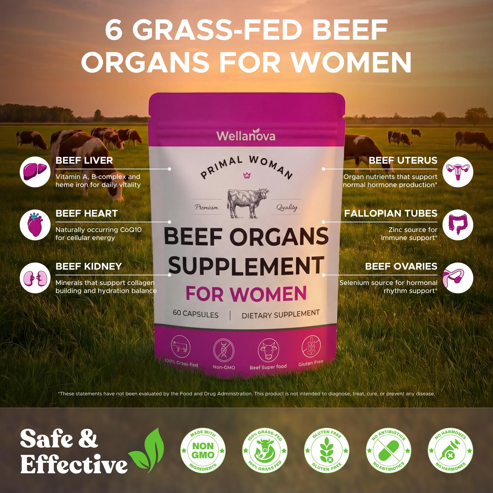 Primal Beef Organ Supplement for Women, Grass-Fed Ancestral Superfood | Supplement With Uterus & Liver, For Hormone Balance & Queen Energy, 60 Capsules