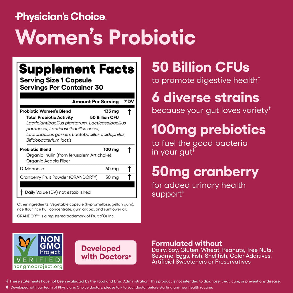 Physician's CHOICE Probiotics for Women - PH Balance, Digestive, UT, & Feminine Health - 50 Billion CFU - 6 Unique Strains for Her - Organic Prebiotics, Cranberry Extract+ - Women Probiotic - 30 CT