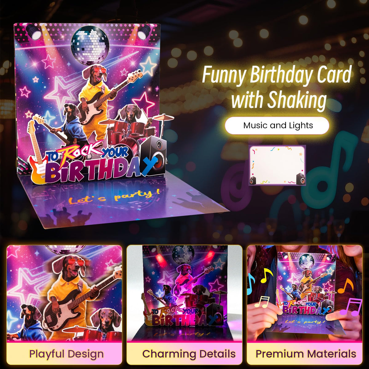 Birthday Card, Funny Birthday Cards for Men Women Kids, Exquisite MUSICAL & SHAKING & LIGHTING Rock Band Dog Pop-up Greeting Card Gifts with Envelope, 6.1 x 6.1 Inch