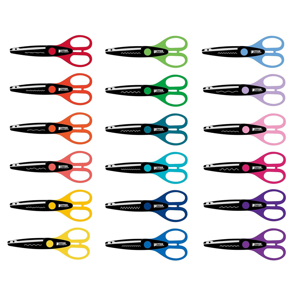 Better Office Products 18 Piece Decorative Edge Craft Scissors, 18 Colors and Edge Designs, 6 Inch Length, 2.5 Inch Blades, Assorted 18 Count Edger Scissors