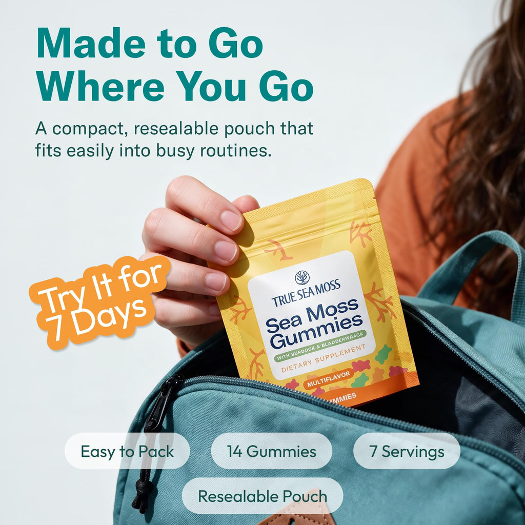 TrueSeaMoss Gummies Sample – 1200mg Irish Sea Moss + Bladderwrack & Burdock Root – Travel-Size, Fruity – 14 Gummies – Easy On-the-Go Wellness