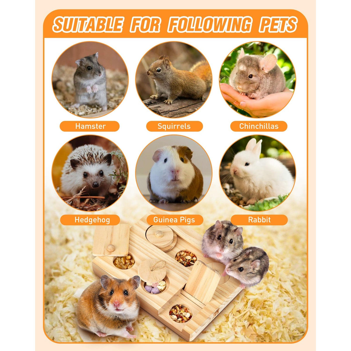 Guinea Pig Foraging Toys, 6 in 1 Hamsters Wooden Interactive Enrichment Toys, Treat Dispenser for Small Animal, for Rabbits, Bunny, Chinchillas, Rats and Gerbils