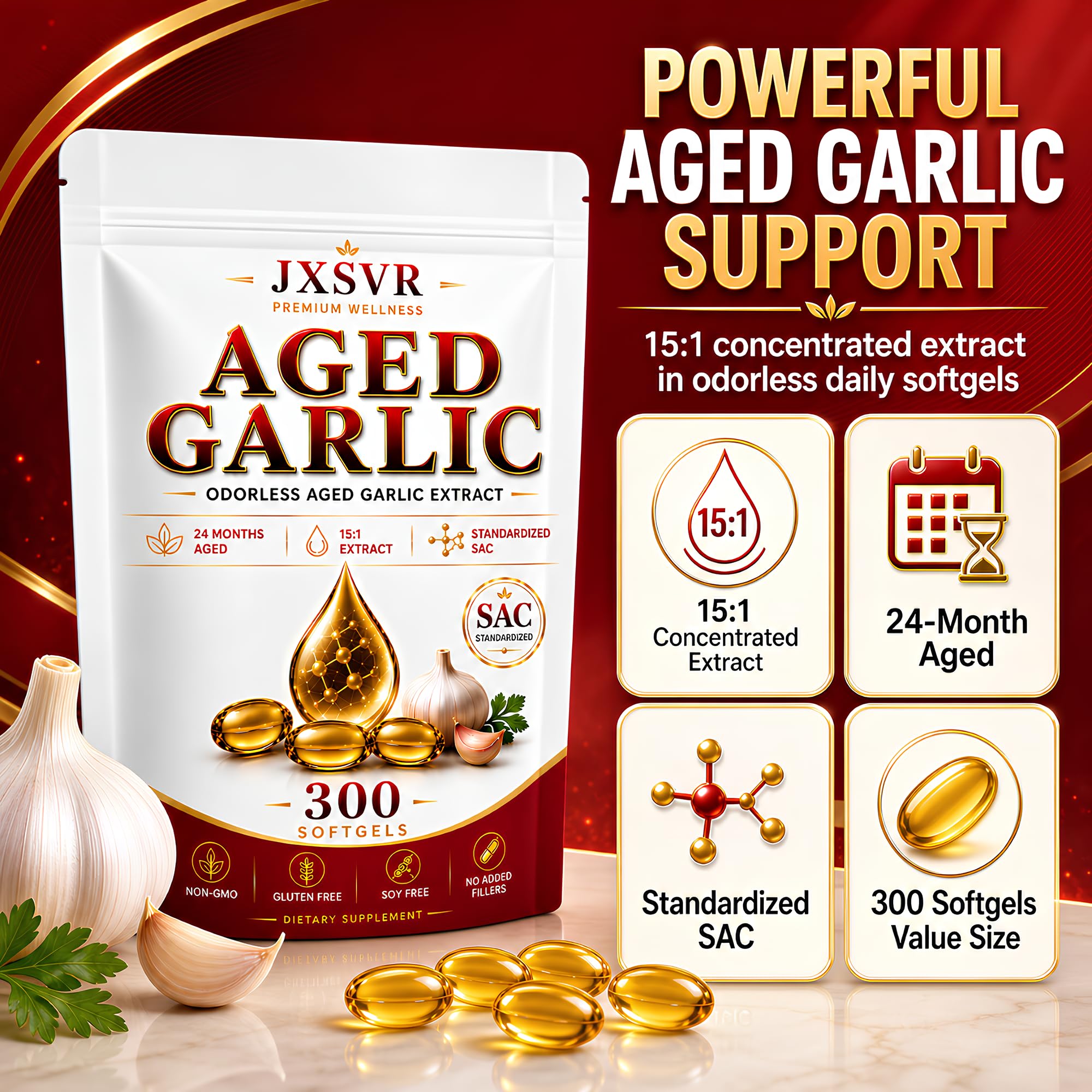 Pure Aged Garlic Extract Softgels, Odorless Garlic Supplement, 24-Month Naturally Aged with Standardized SAC, Heart Health, Immune & Antioxidant Support, 300 Count (2)