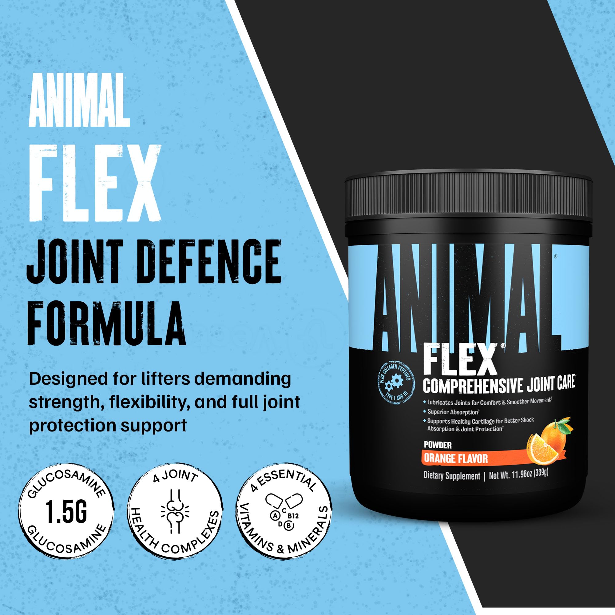 Animal Flex Powder - Joint Support Supplement for Pain Relief, Repair and Restore Muscles with Turmeric, Glucosamine, Chondroitin, MSM, Collagen and Boswellia, Great Tasting Orange Flavor, 30 Scoops