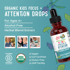 MARYRUTH'S Kids Focus & Attention Drops, USDA Organic Drops, 30 Servings | USDA Organic, Ginkgo Biloba, Rhodiola Root & Licorice Root, Adaptogenic, Vegan