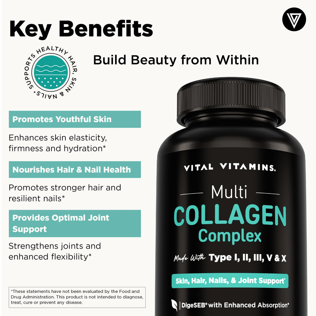 Vital Vitamins Multi Collagen Peptides Complex for Women & Men, 150 Pills | Supports Skin, Hair & Nails, 5 Collagen Types I II III V & X, Grass-Fed Non-GMO Collagen Supplements