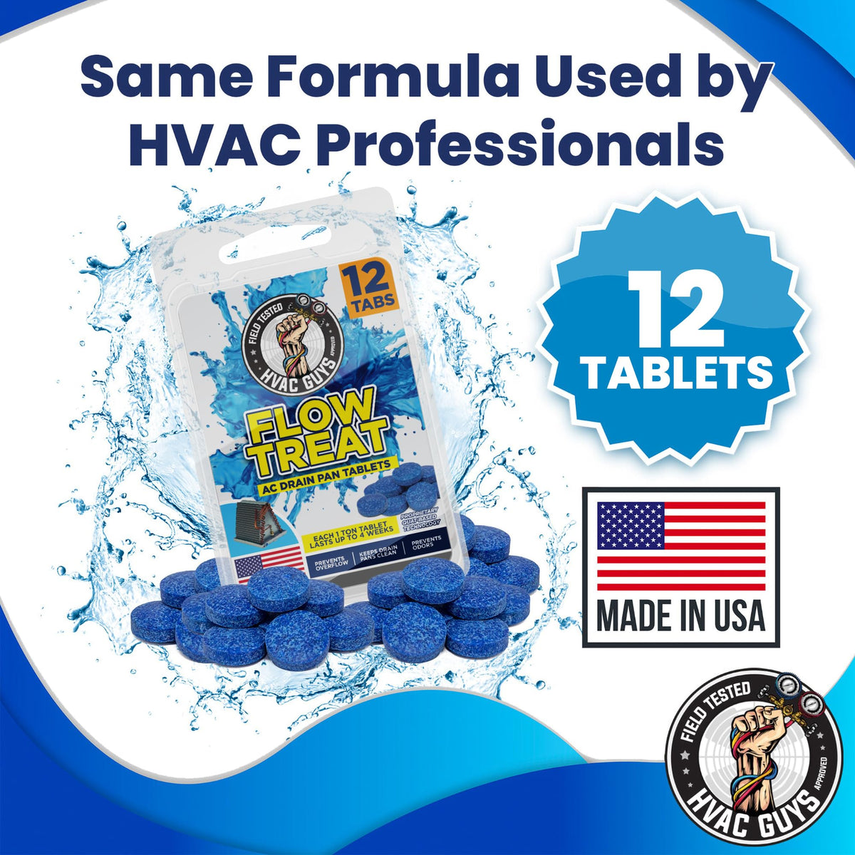 HVAC Guys AC Drain Pan Tablets 12PK | Flow Treat Tablets Prevents Odors, Keeps HVAC Drain Pan Clean, Prevents Overflow | One Tablet Lasts up to 4 Weeks