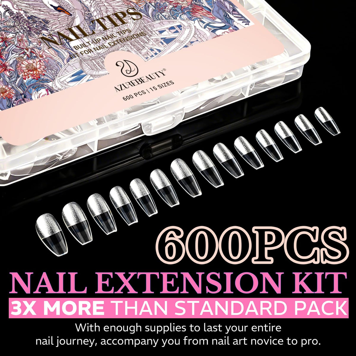 Medium almond nail tips in soft gel, 600 pieces in a clear kit. Verified by CuratCart for quality and trust.