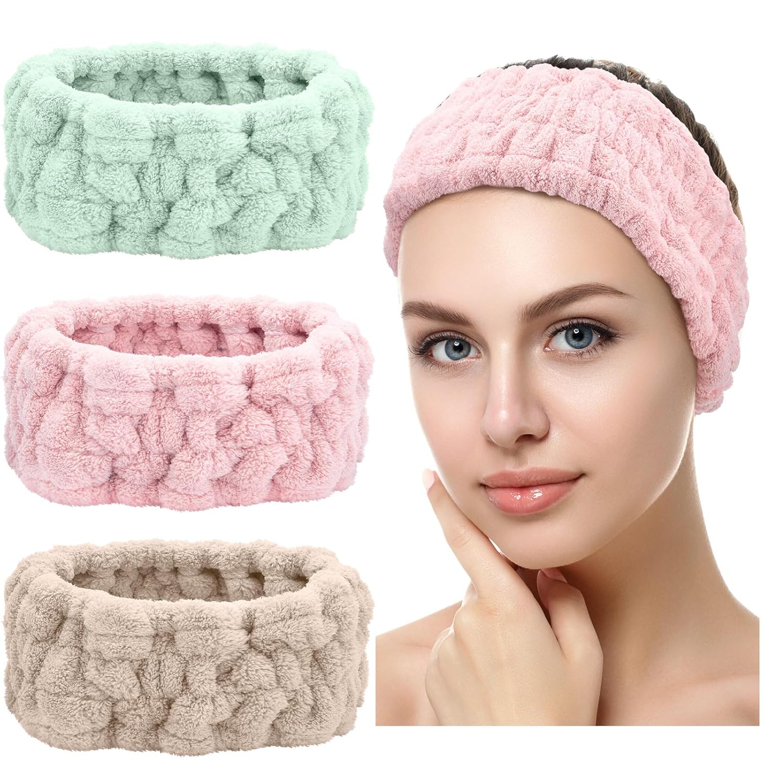 Buy now Chuangdi 3 Pieces Spa Headband for Women Facial Makeup Headband Soft Terry Cloth Hairband for Washing Face Mask Spa Shower Gifts(Dark Pink, Dark Blue, Milky-White) Pink, Green, Brown at indiglob india