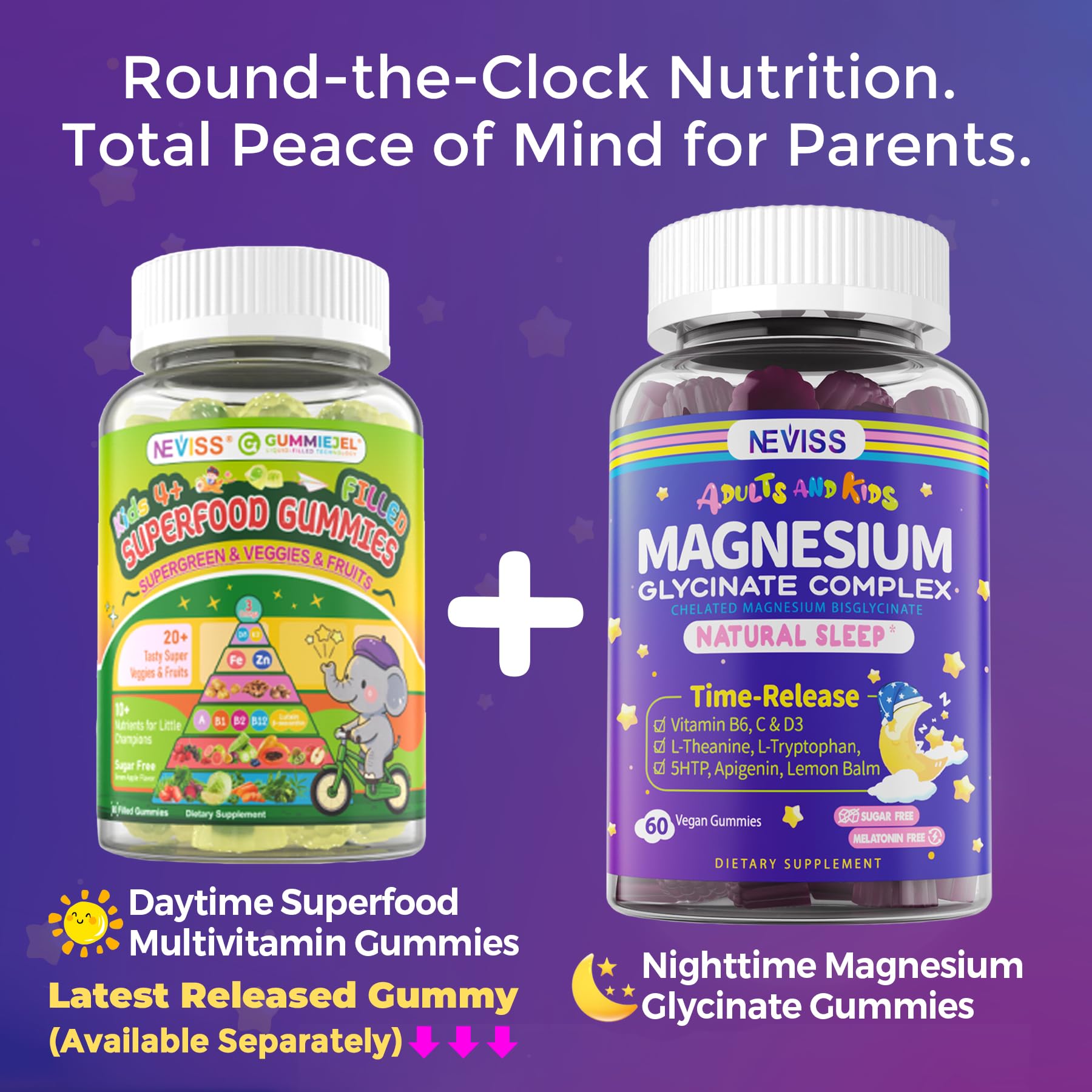 Magnesium Glycinate Gummies for Adults & Kids 4+, Sugar Free Magnesium Bisglycinate Supplement 400/200mg with B6D3, L-Theanine for Sleep & Relaxation, Brain, Muscle, Melatonin Free Gummies,2Pack