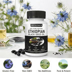 Ethiopian Black Seed Oil, Purely Nutrient Aceite De Semilla Negra Etiope Capsules with Thymoquinone, Organic Cold-Pressed, 60 Softgels