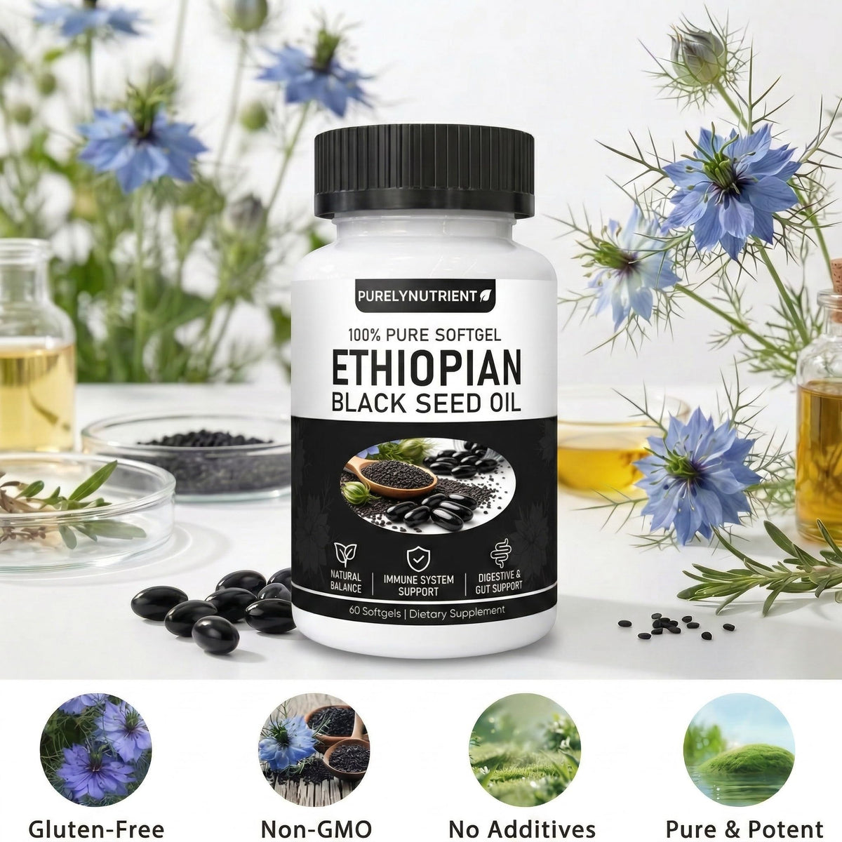Ethiopian Black Seed Oil, Purely Nutrient Aceite De Semilla Negra Etiope Capsules with Thymoquinone, Organic Cold-Pressed, 60 Softgels