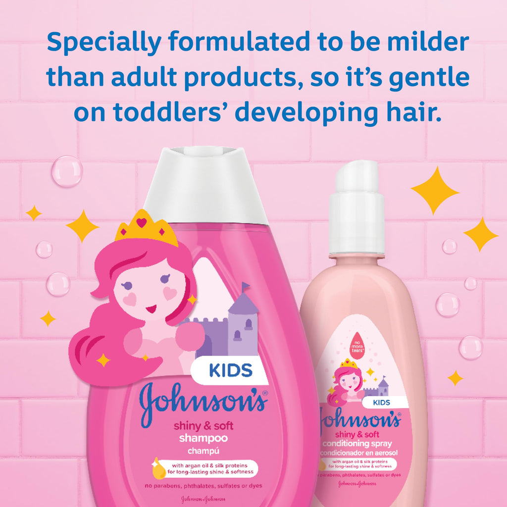 Johnson's Kids Shiny & Soft Hair Conditioning Spray with Argan Oil & Silk Proteins, Tear-Free Conditioning Spray for Shine & Softness, Gentle for Toddler Haircare, 10 fl. oz (Pack of 2)